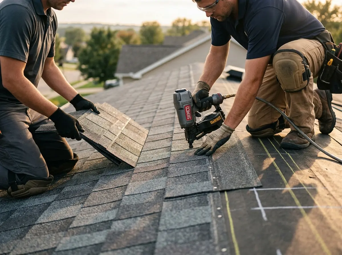 Professional roofer working on a residential roof in Gilford